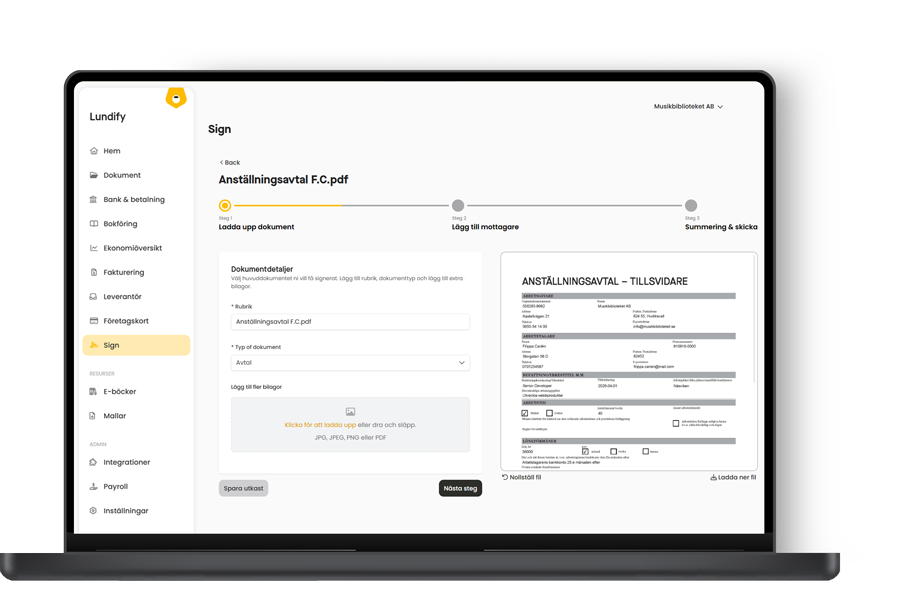 Skärmdump som visar webbaserat signeringssystem